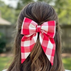 NEW Fuchsia Gingham Print Fabric Bow French Hair Barrette